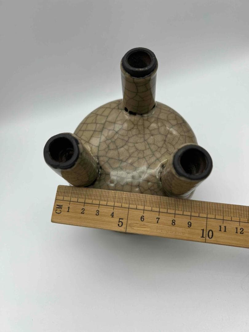 宋時代　青磁　汝官窯包金氷裂紋 支釘焼き 双耳三足香炉(C-81)