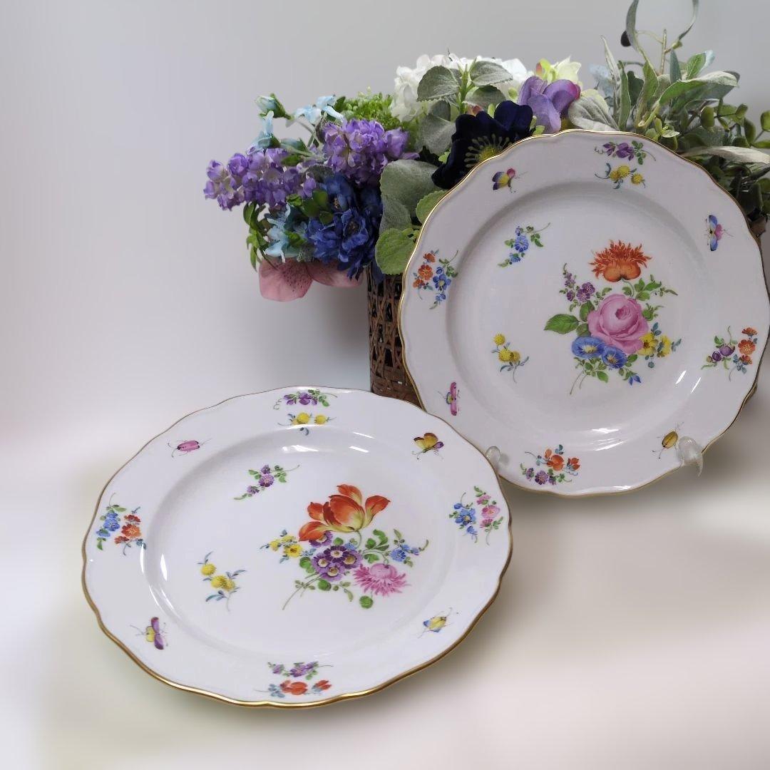 未使用品 Meissen マイセン 花のブーケと昆虫 プレート2枚