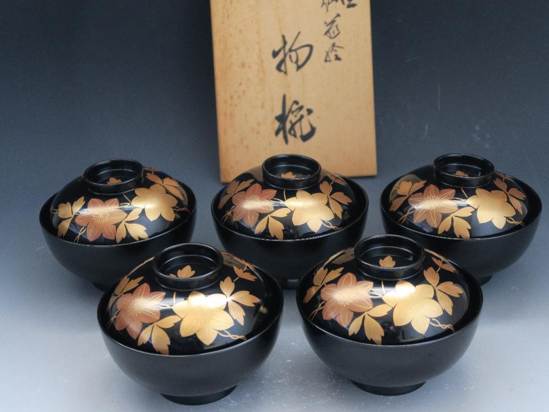 【輪島塗】鉄仙蒔絵 吸物椀 黒塗 五客揃 天然木 共箱