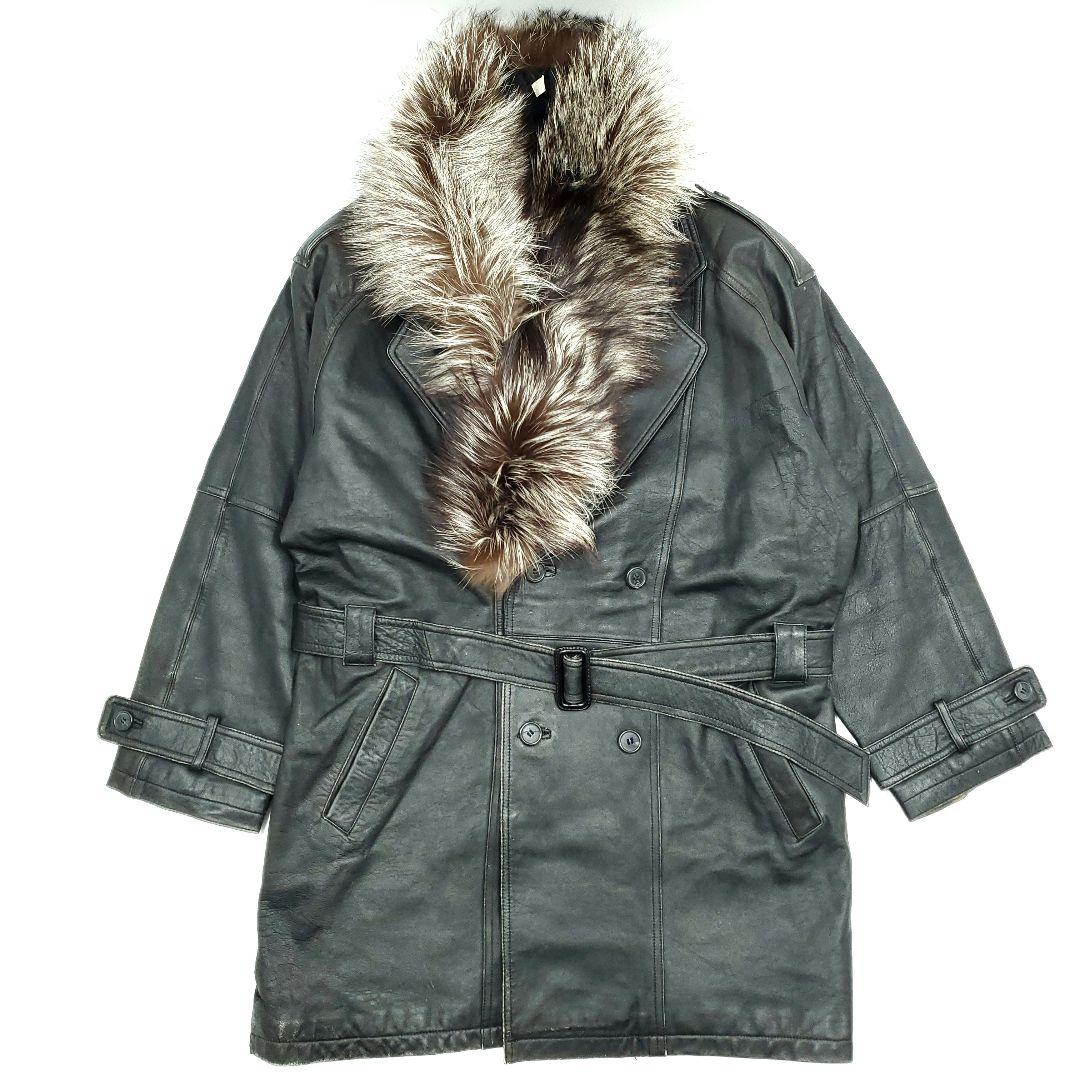 イギリス産ラム革◆NB◆L 子羊レザートレンチコートラクーンファー黒SJ1483