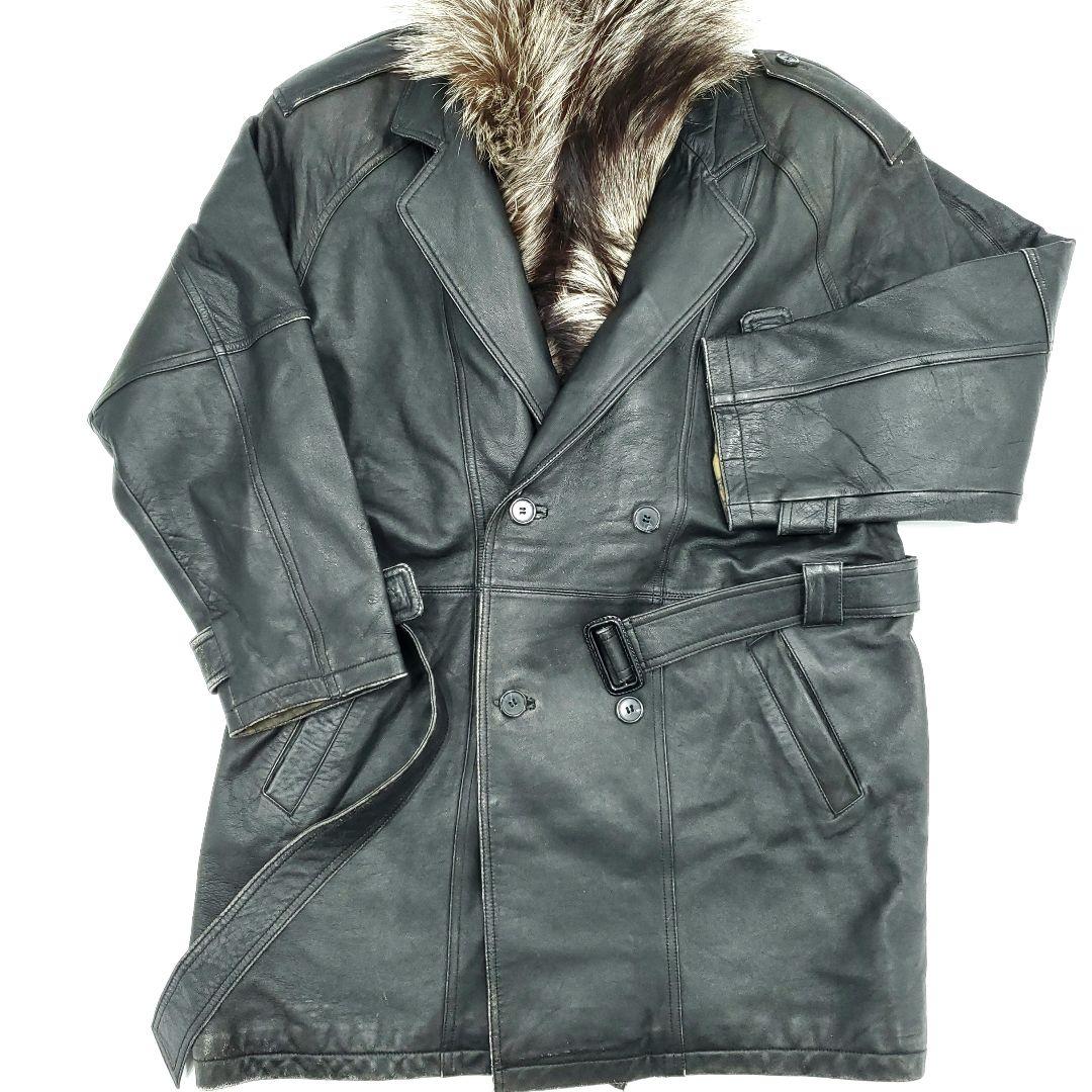 イギリス産ラム革◆NB◆L 子羊レザートレンチコートラクーンファー黒SJ1483