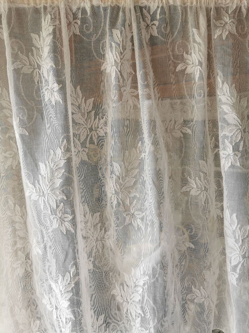 ヴィンテージ至高マドラスレース 鉄仙/百合風リーフ草紋様 コットンカーテンパネル