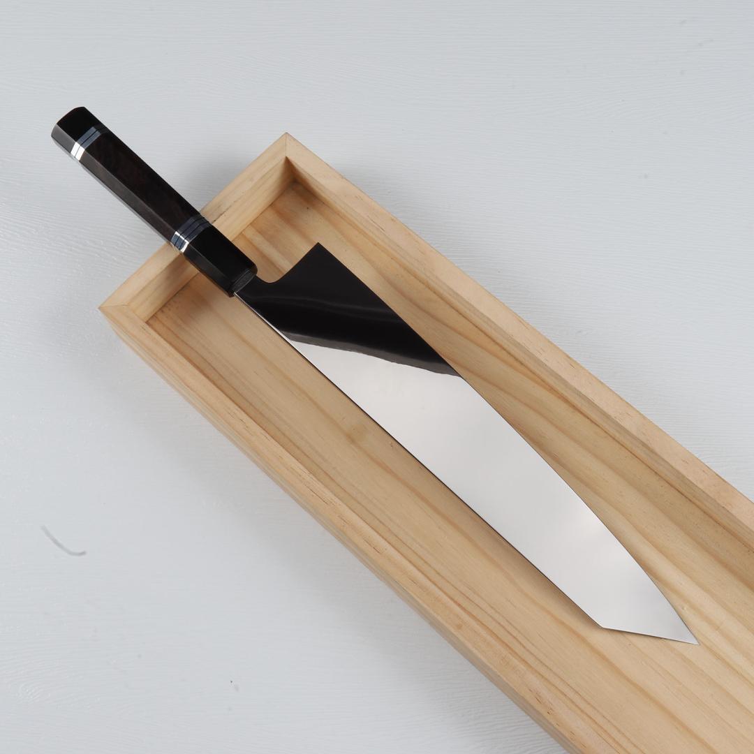 7555切付型特大牛刀 尺一ウルトラ鏡面仕上げ 両刃刺身包丁 黒檀五本銀巻八角柄