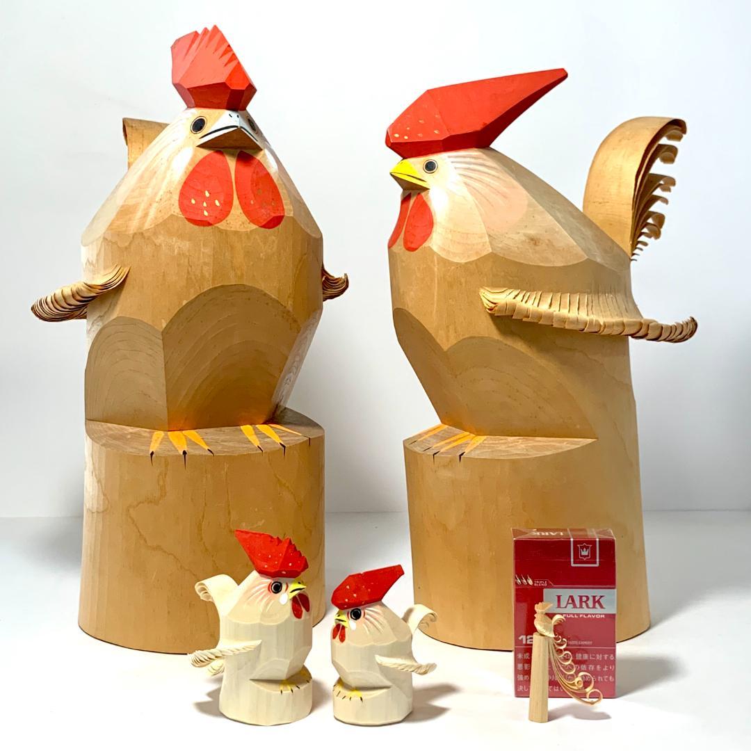 レトロ 笹野一刀彫り 大きなつがいの鶏　ニワトリの置物