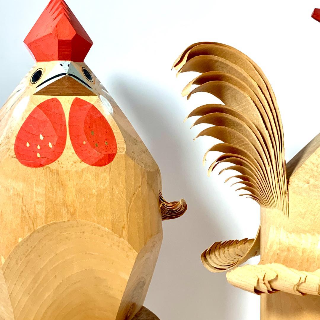 レトロ 笹野一刀彫り 大きなつがいの鶏　ニワトリの置物