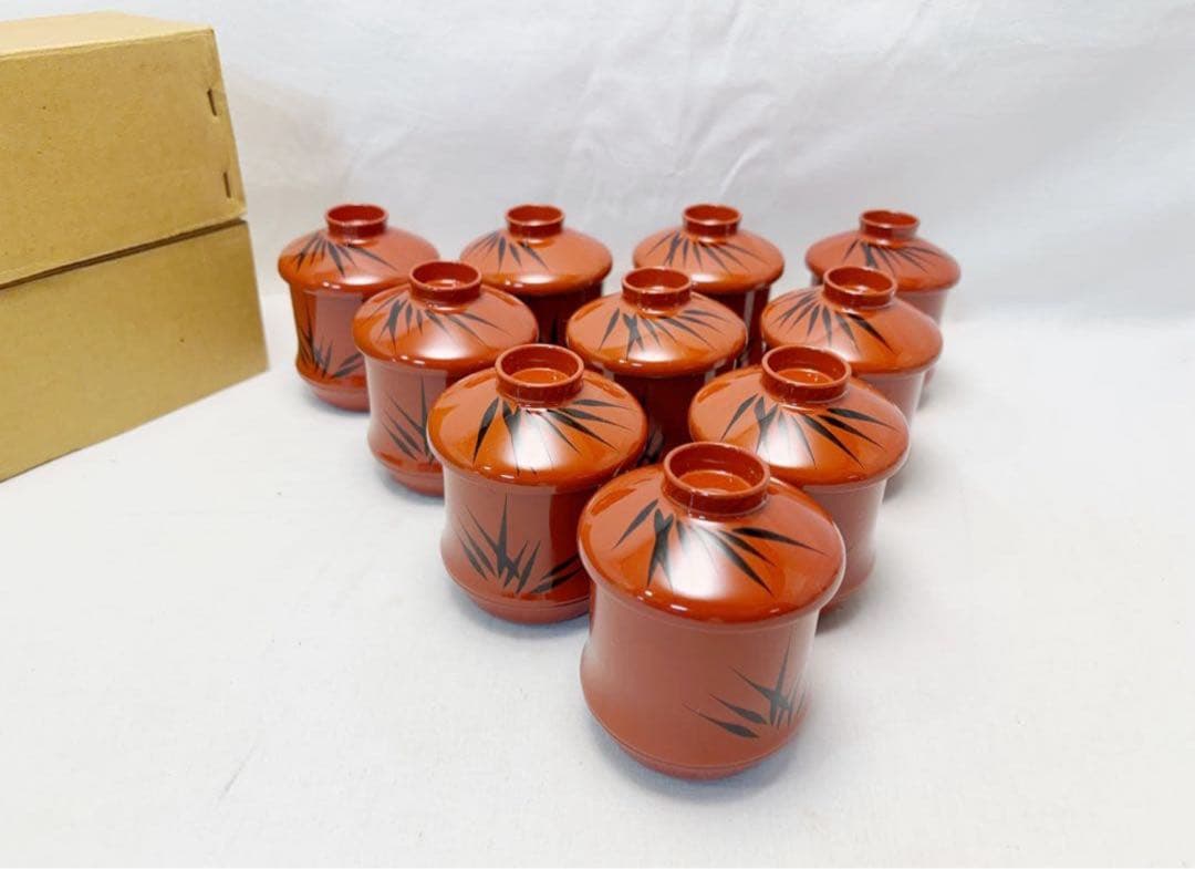 未使用 懐石道具 竹形朱塗箸洗 十客揃 黒竹蒔絵 内黒 和食器 小吸物椀 元箱