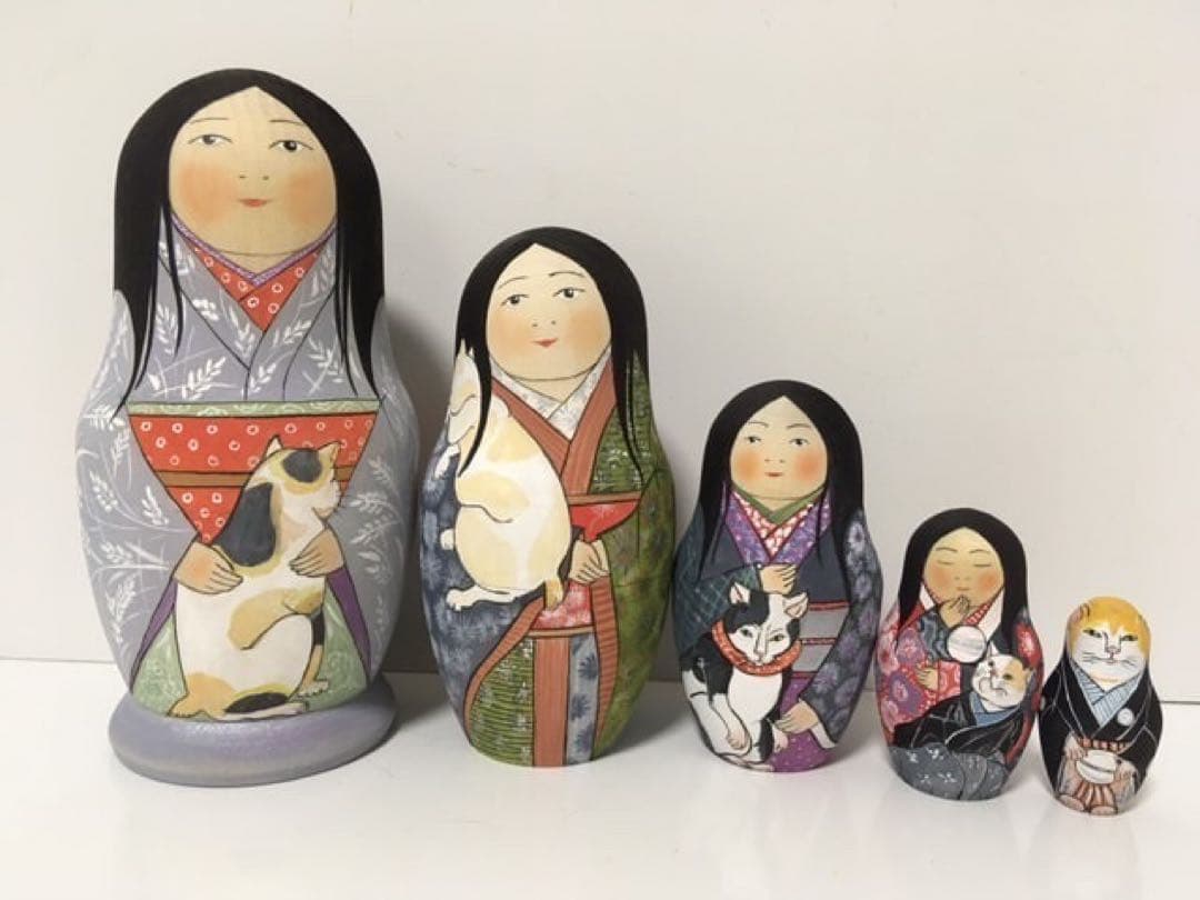 ひな祭りセール♪ロシア雑貨☆着物マトリョーシカ(5P)和風猫ボボワ作オマケ付き♪
