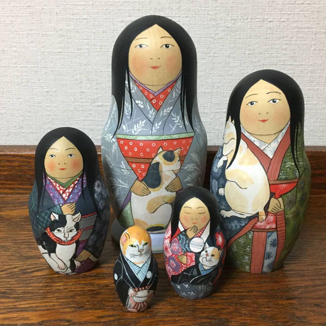 ひな祭りセール♪ロシア雑貨☆着物マトリョーシカ(5P)和風猫ボボワ作オマケ付き♪