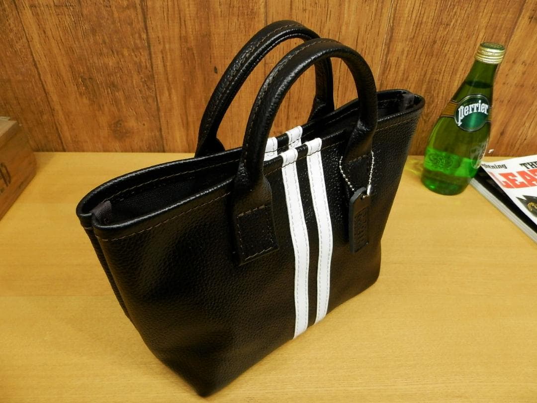 ☆XSサイズ☆ブラック×ホワイトライン本革ミニトートバッグ♪ストライプ黒