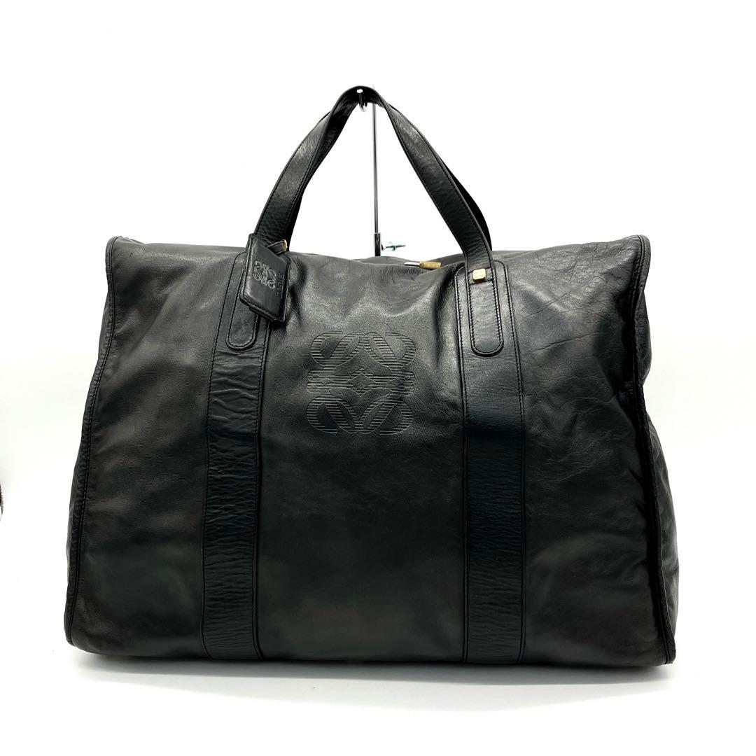 【LOEWE】ボストンバッグ　旅行鞄　アナグラム　ゴールド金具　レザー　ブラック