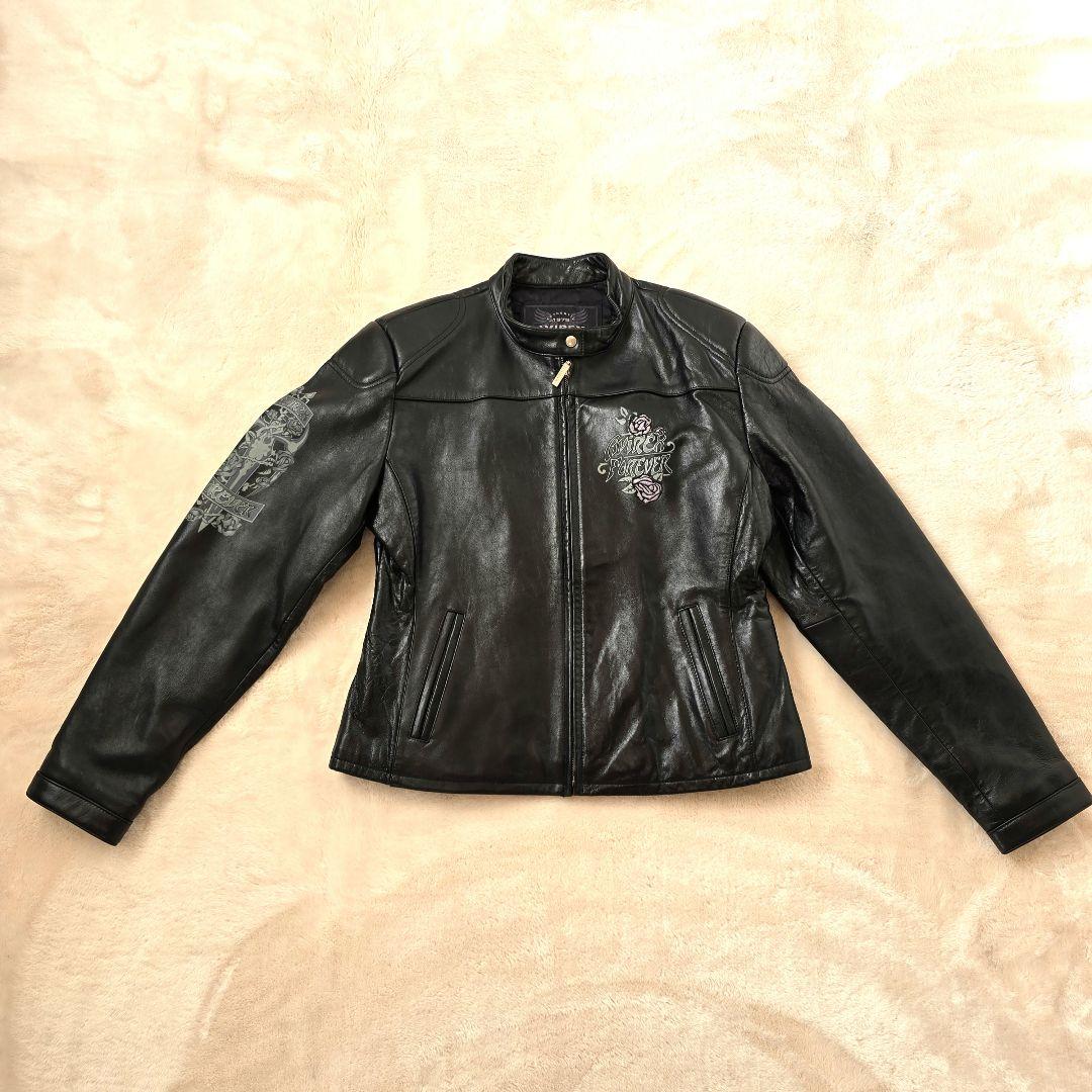 美品 AVIREX アヴィレックス バラ刺繍 黒 レザー ライダースジャケット