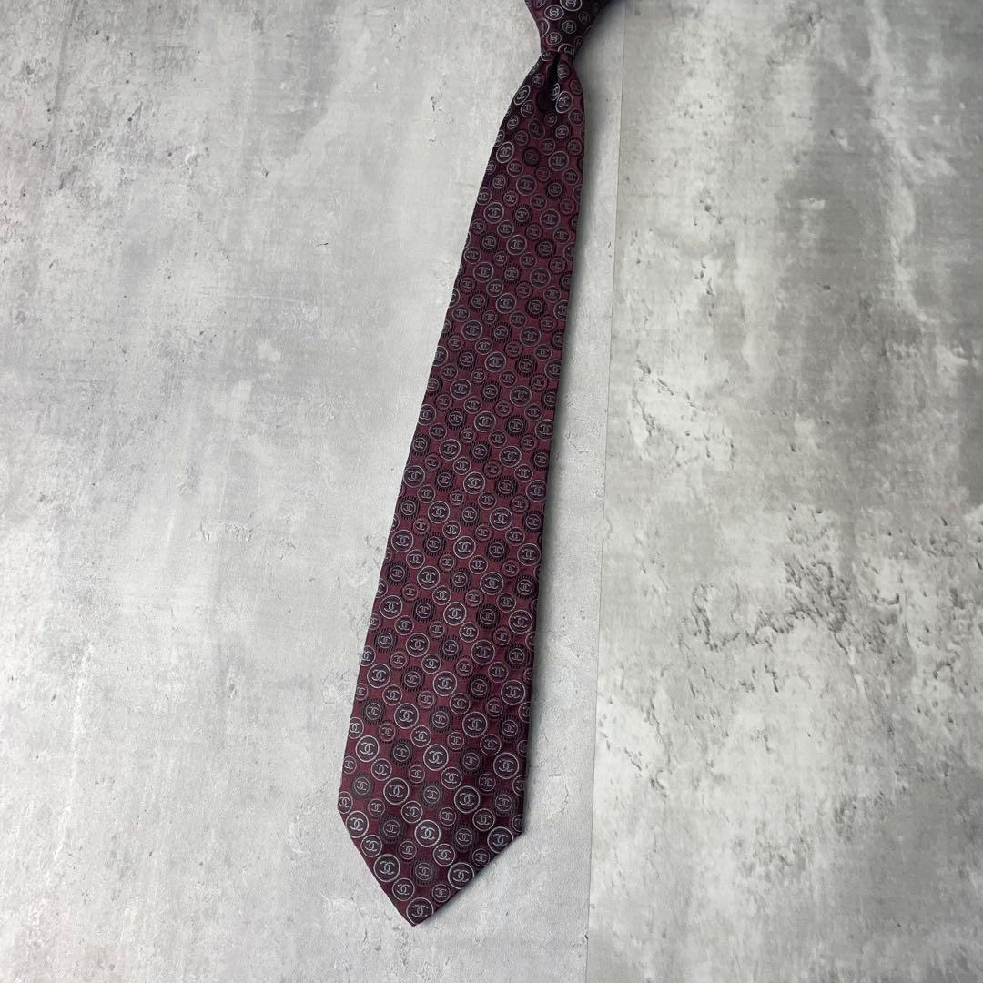 美品 CHANEL シャネル ジャガード ココマーク 総ロゴ ネクタイ ワイン