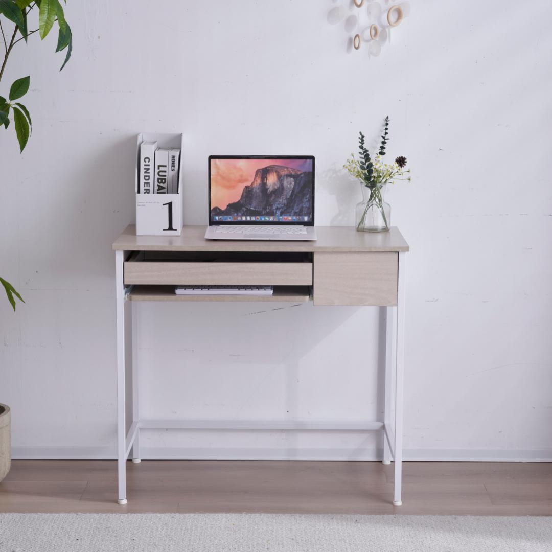 【木目調ホワイト】パソコンデスク 引き出し付き 収納台 pcデスク大理石柄