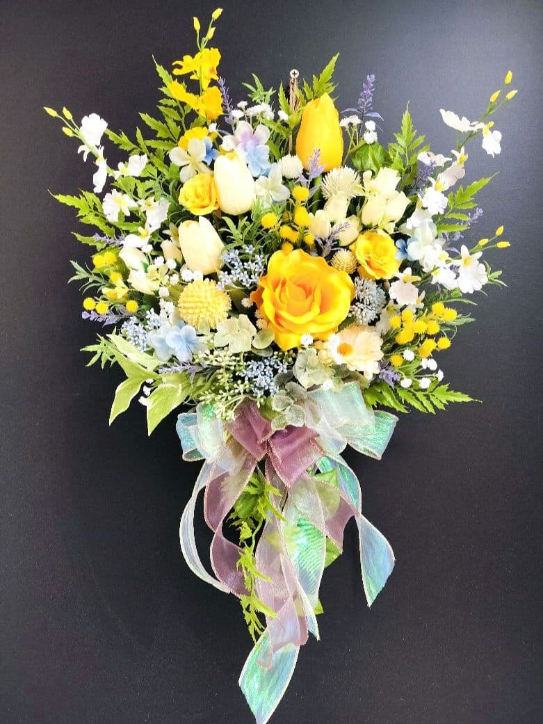 商品名【羽菜】ゆみい♥イエローローズの花束風スワッグリース　 春リース
