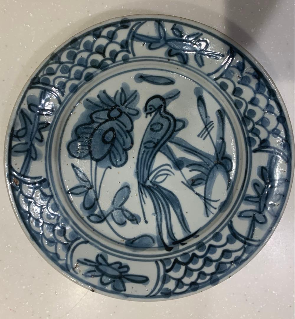 中国　漳州窯　青花花鳥文皿　明時代末期