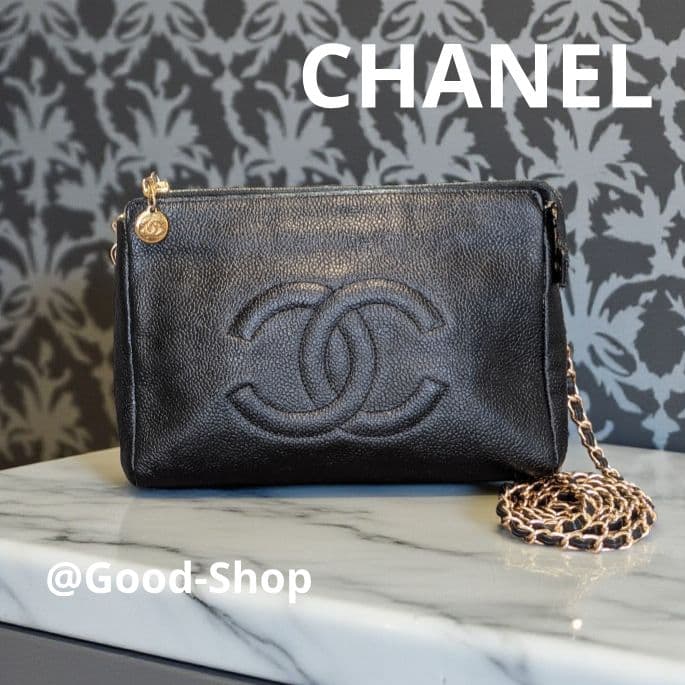 シャネル　デカココポーチ　黒　キャビアスキン　チェーンショルダー　クラッチバッグ
