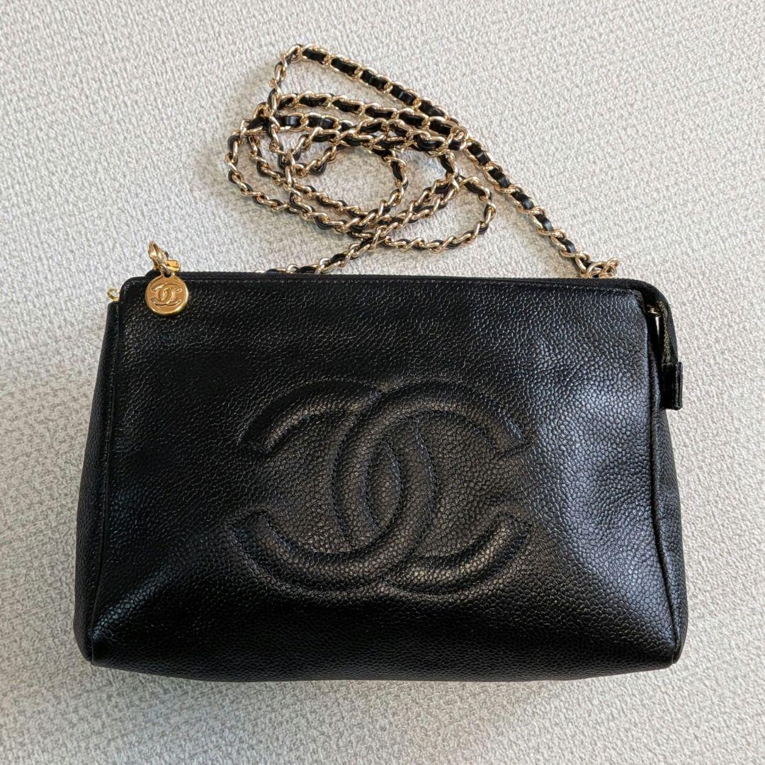 シャネル　デカココポーチ　黒　キャビアスキン　チェーンショルダー　クラッチバッグ