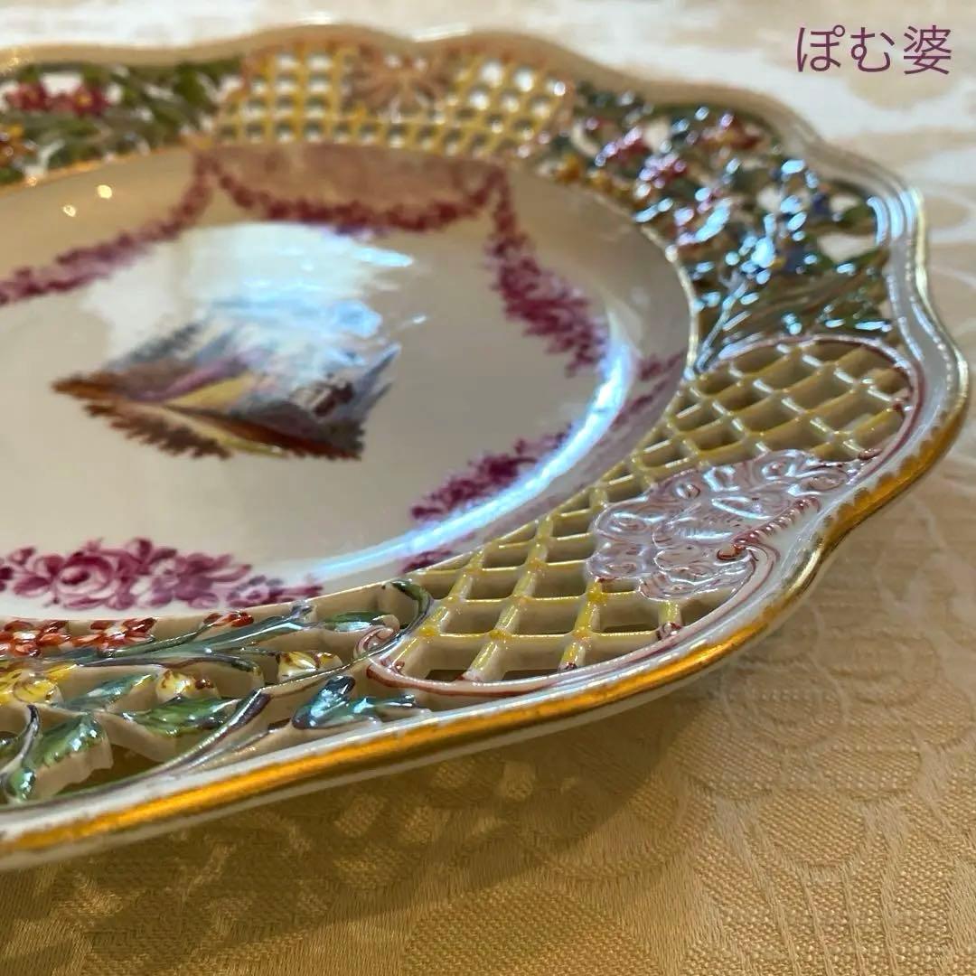 【古マイセン】ヘロルト宮廷画／金彩色絵人物文 透かし 波カンテ 皿 「恋人風景」