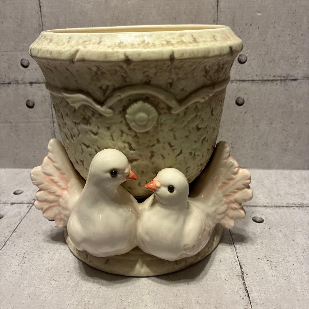 鳩の装飾付き陶器鉢　鉢カバー　ヴィンテージ