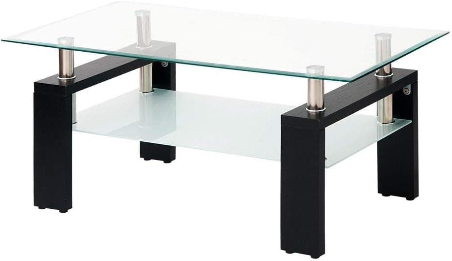 (OSJ)ガラステーブル コーヒーテーブル 幅88cm(クリアグラスブラック脚)