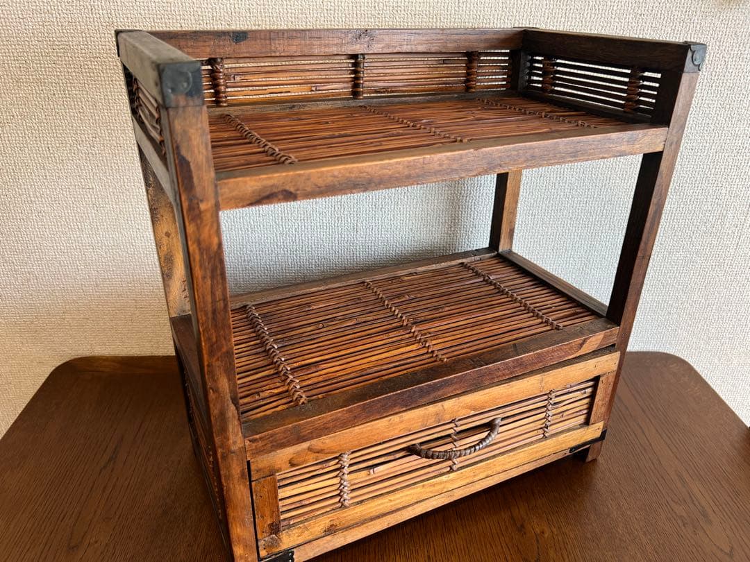アジアン バンブー 木製2段ラック 引き出し付 37×19×39cm