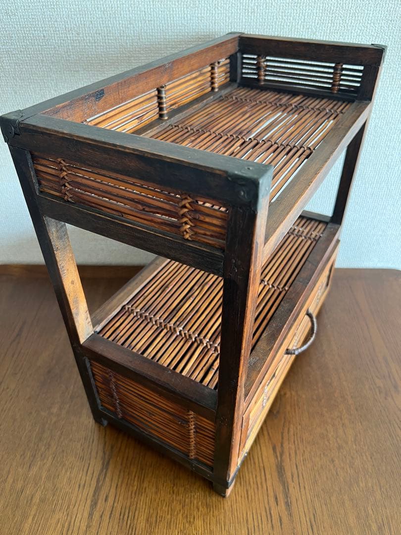 アジアン バンブー 木製2段ラック 引き出し付 37×19×39cm