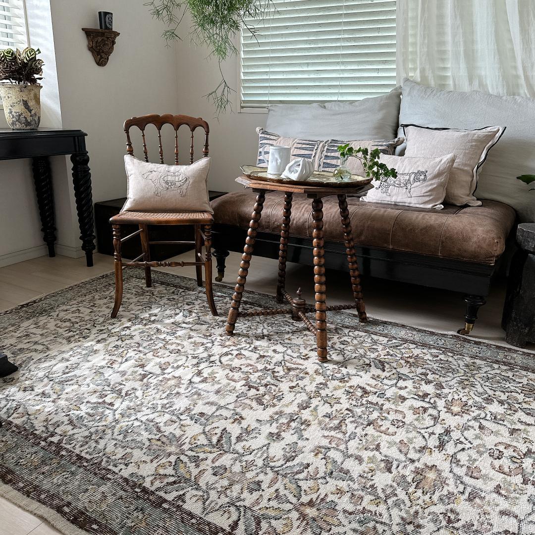 トルコヴィンテージラグ A52 大判 クリーム ベージュ セージグリーン