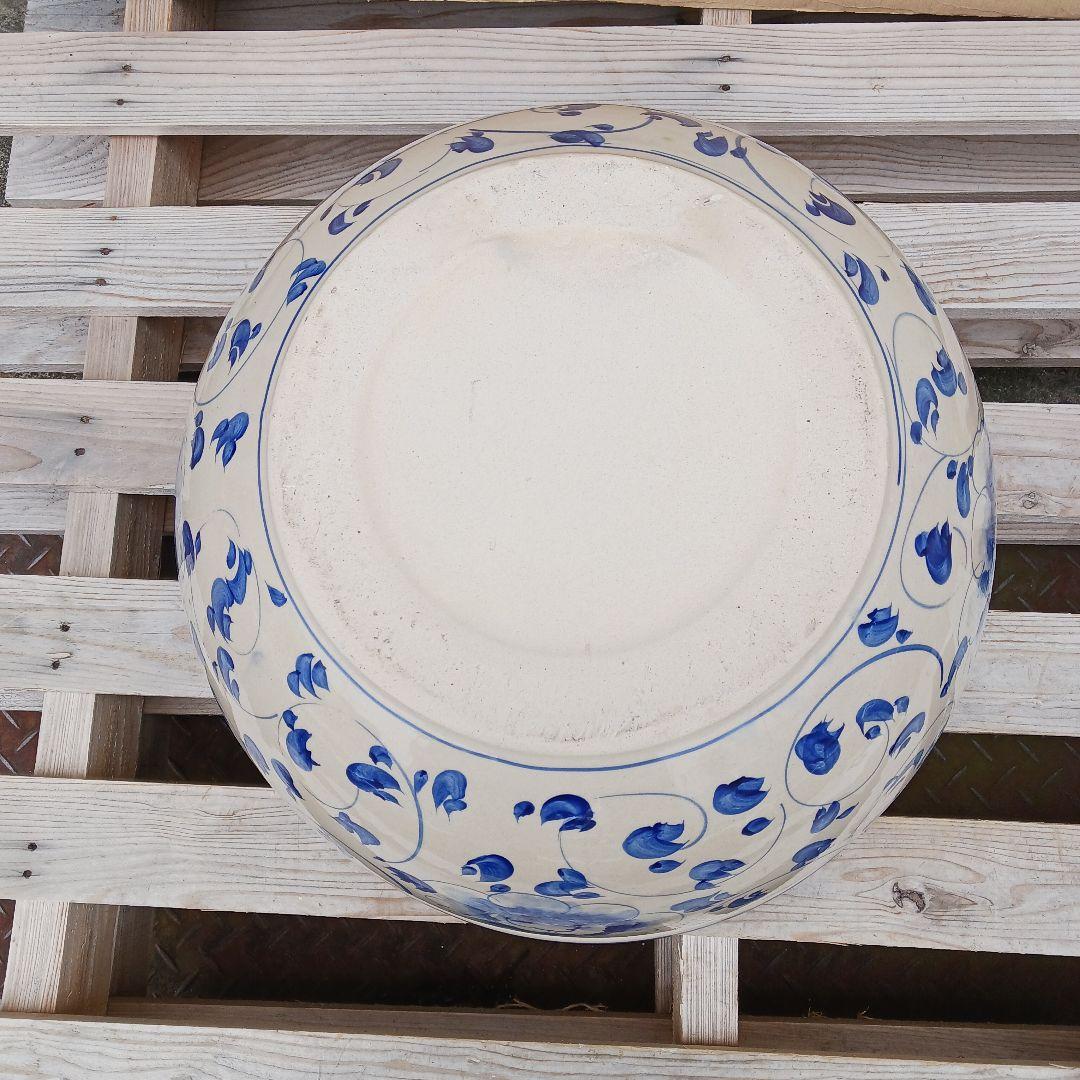 新品　∅50　陶器　睡蓮鉢　大型　メダカ鉢　難有　手書き絵　花柄　手造りLKB4