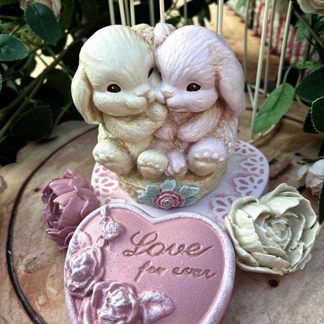 ★やすお★新作★ツインバニーとバラオブジェ★４点セット★うさぎオブジェ★