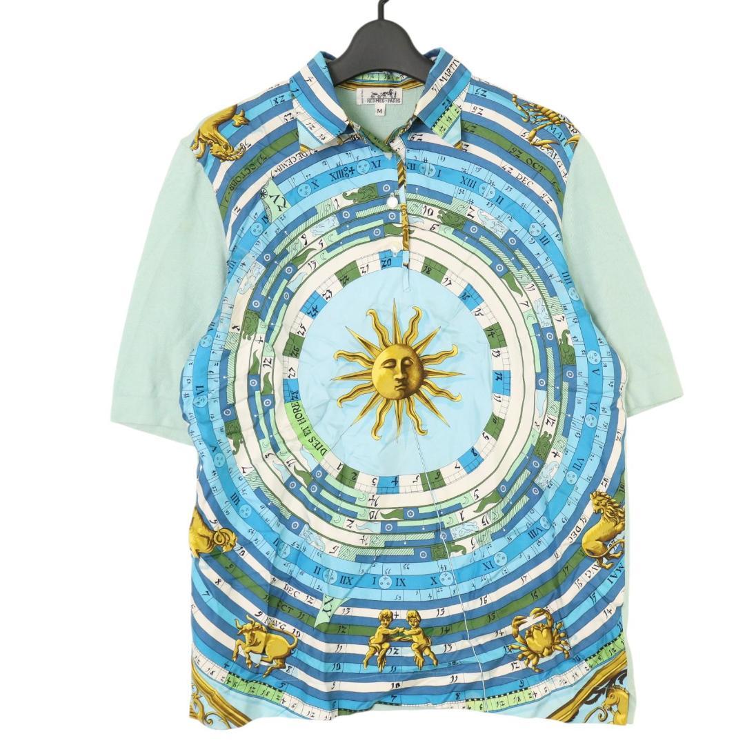 良品 エルメス 切替ポロシャツ 総柄 シルクカシミヤ 半袖 M レディース