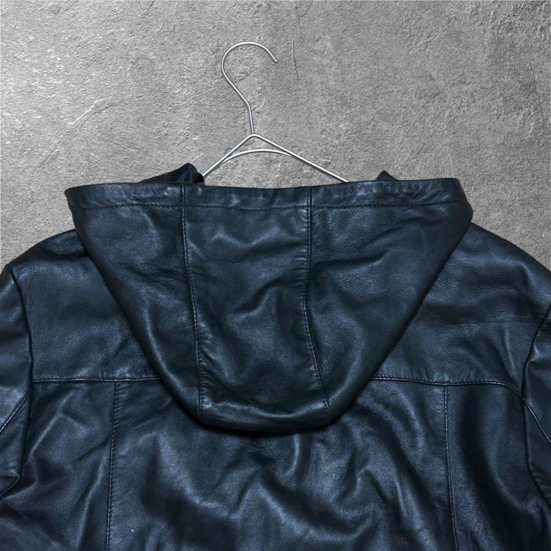 DeTaiLS ラムレザー 羊革 フーデッドレザーライダースジャケット XL 黒