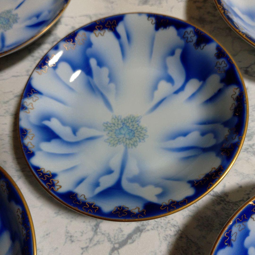 深川製磁 深小皿金ミル牡丹五客揃 新品未使用 杉共箱付