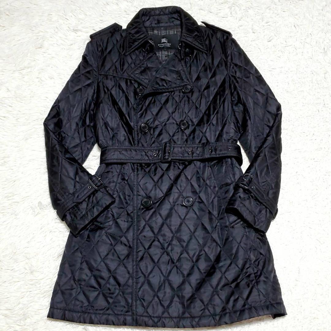 美品L バーバリーブラックレーベル 中綿キルティング トレンチ 黒 ノバチェック