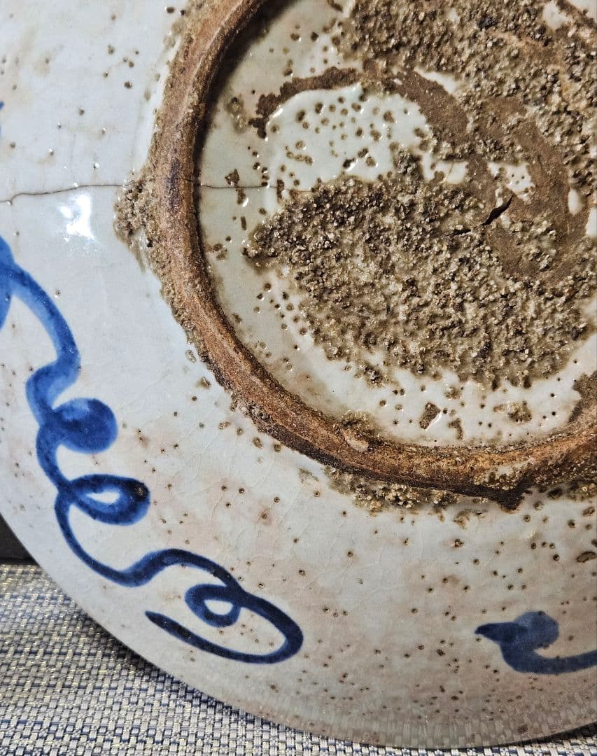 中国古陶磁　明代　17世紀前期　双鳳凰図　呉須鉢　古染付　大皿　大鉢33.3cm