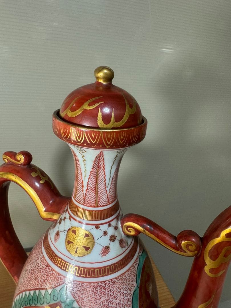 2642 九谷焼 角福　赤絵 金蘭手 仙盞瓶　酒器　時代物