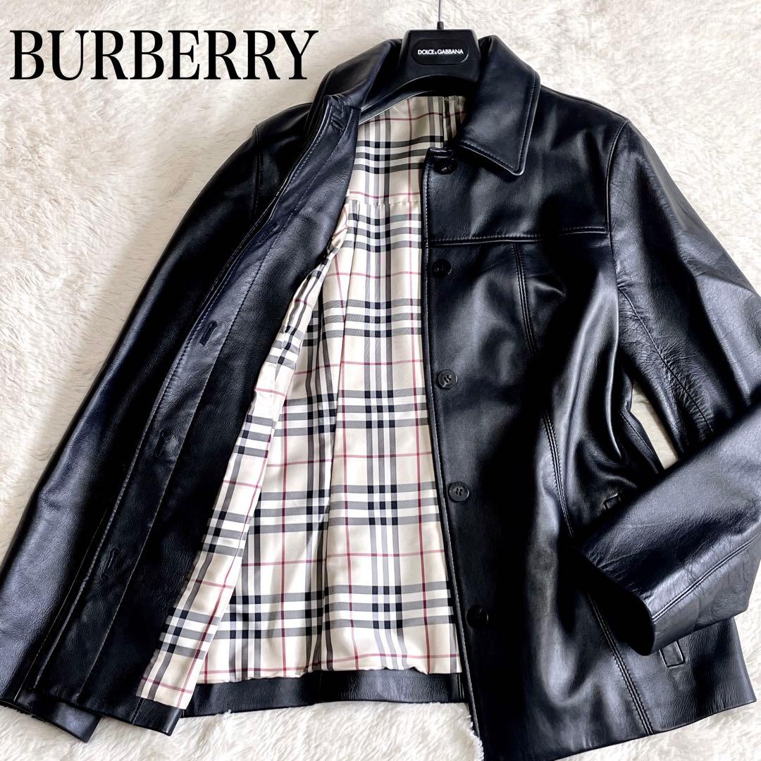 美品 BURBERRY バーバリー 比翼 ノバチェック 羊革 レザージャケット