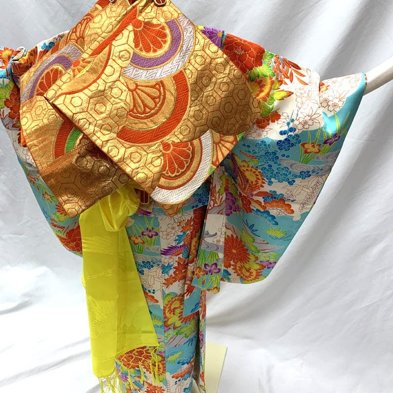 506ag41□七五三 七歳 女児 着物&袋帯 金彩 花文 水色□良好