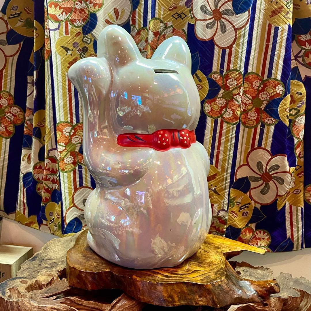 ビンテージ 招き猫★古民家 吉祥 縁起 オーロラ加工 貯金箱 福寿 招福
