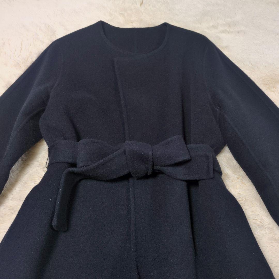 美品 ANAYI アナイ ウール ノーカラー ロングコート ベルト付き