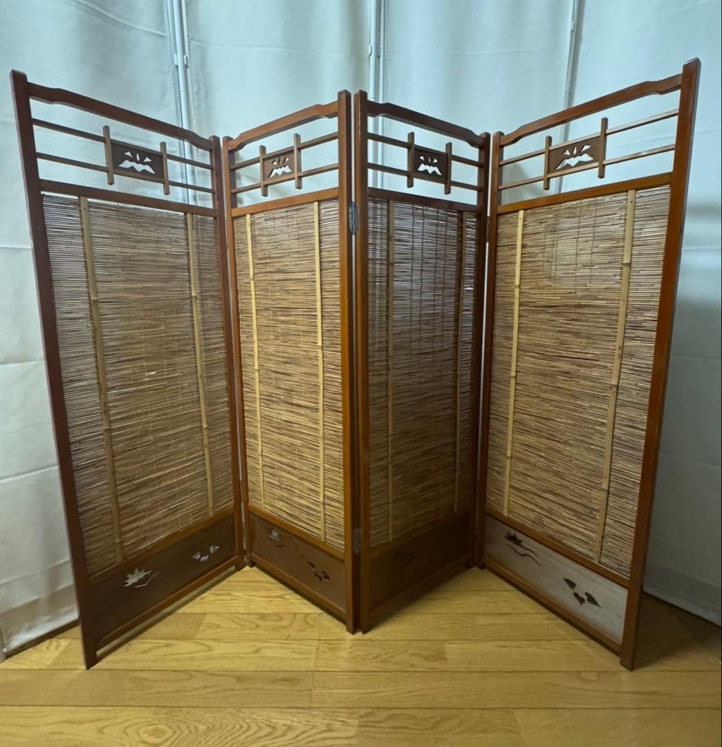 衝立 間仕切り パーテーション 4連 透かし彫り 昭和レトロ アンティーク