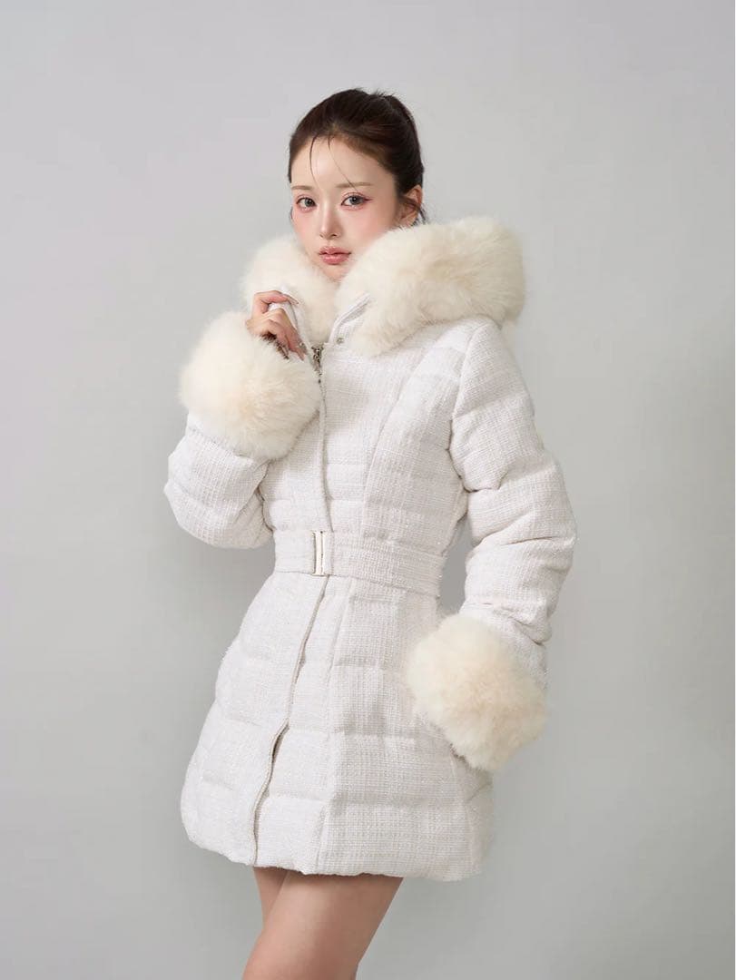 Darich レディミディツイードダウンコート ホワイト Sサイズ