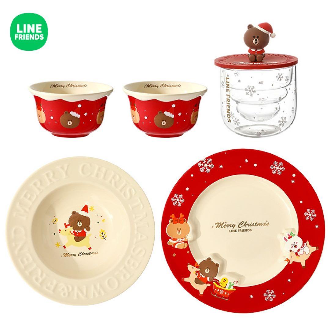 LINE FRIENDS クリスマス 限定グッズ 食器5点セット大中皿小鉢グラス