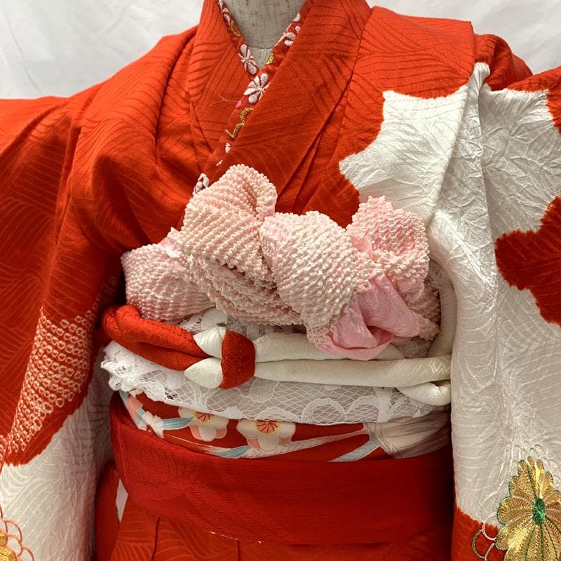 601ag5□七五三 三歳 女児 着物&兵児帯&長襦袢 御所車 菊 朱色□美品