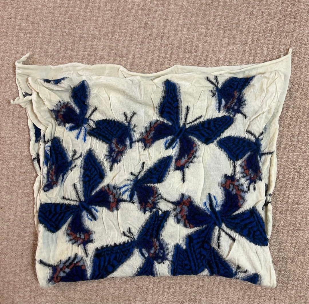 キャピタル　縮絨ウール マフラー　ストール　バタフライ柄　白/青