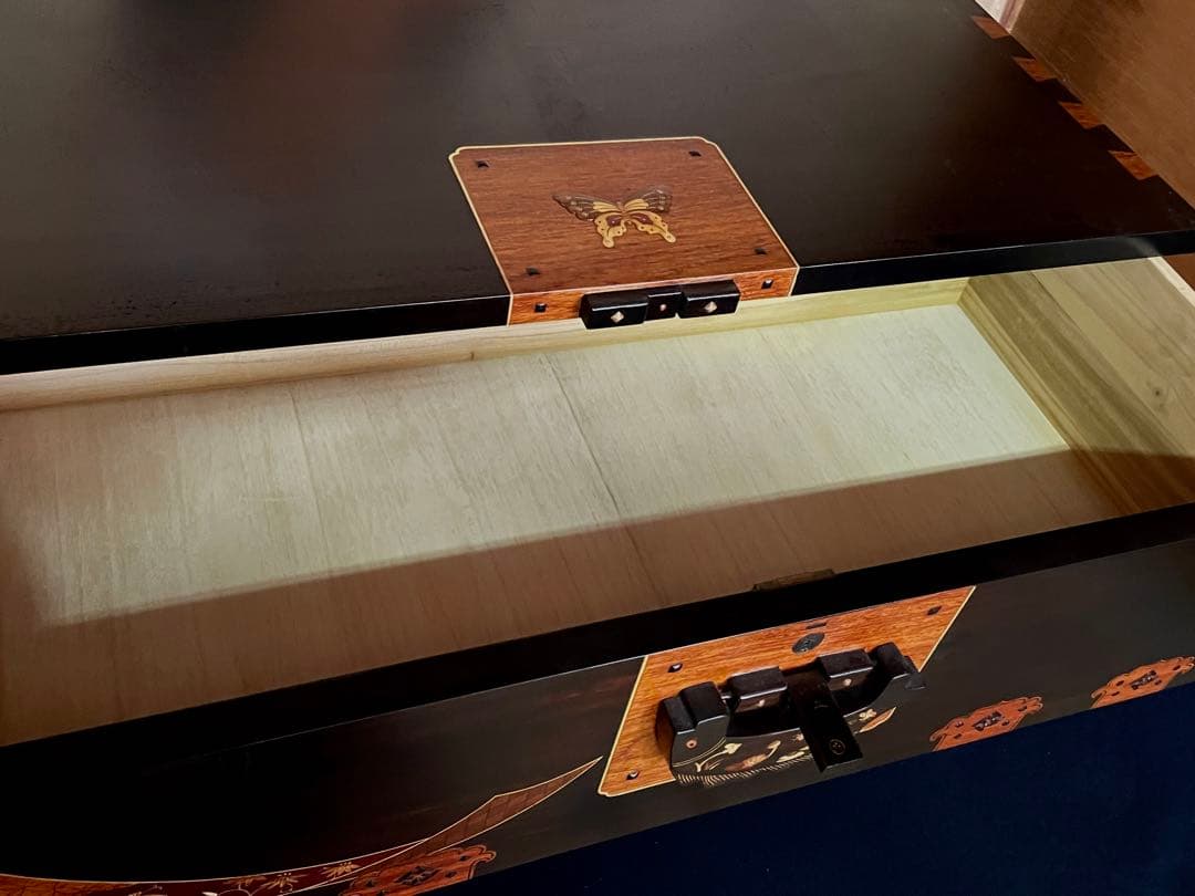 「母」黒檀 寄木 象嵌細工 李朝 バンダジ風 3ドロアー チェスト （柱②）