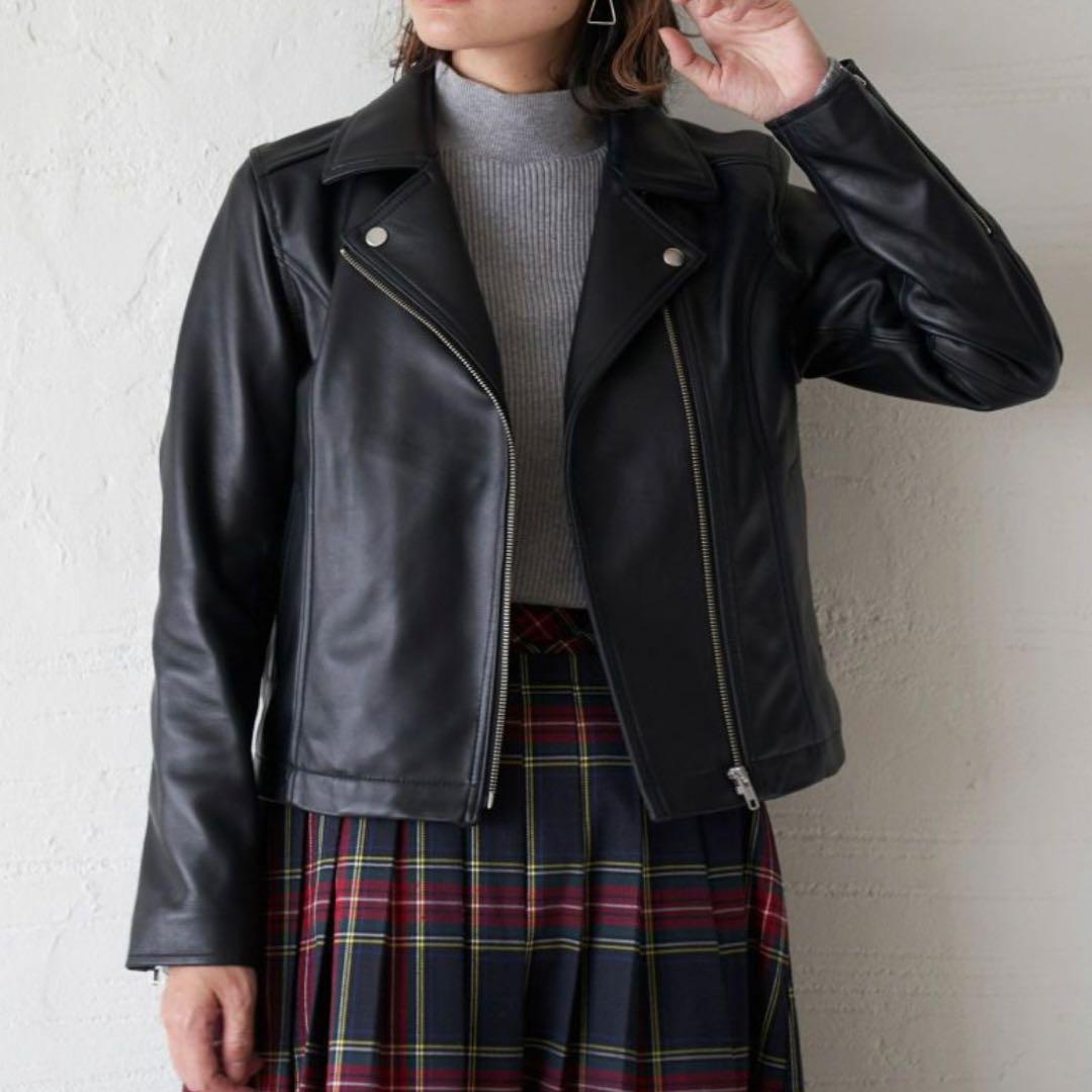 ✨美品✨もりのがっこう ラムレザー ダブルライダースジャケット ブラック