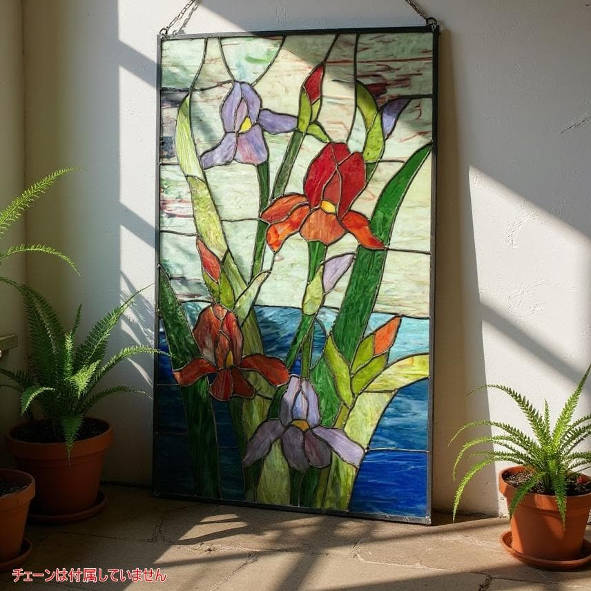 大判 ステンドグラス 50×75cm アイリス 額装 合金フレーム パネル