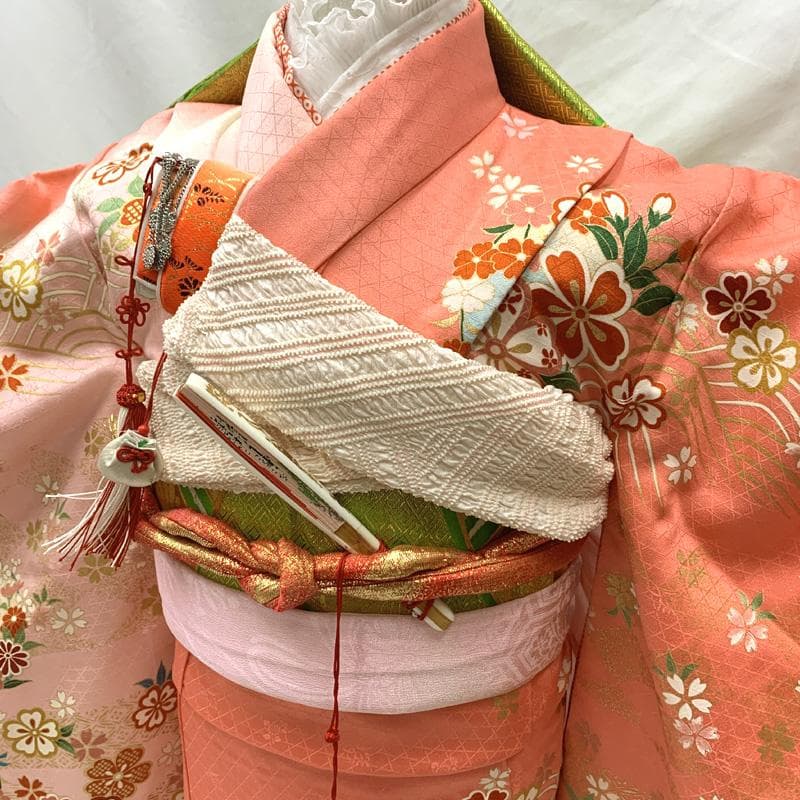 505ag62□七五三 七歳 女児 着物&袋帯 金彩 桜 ピンク□美品