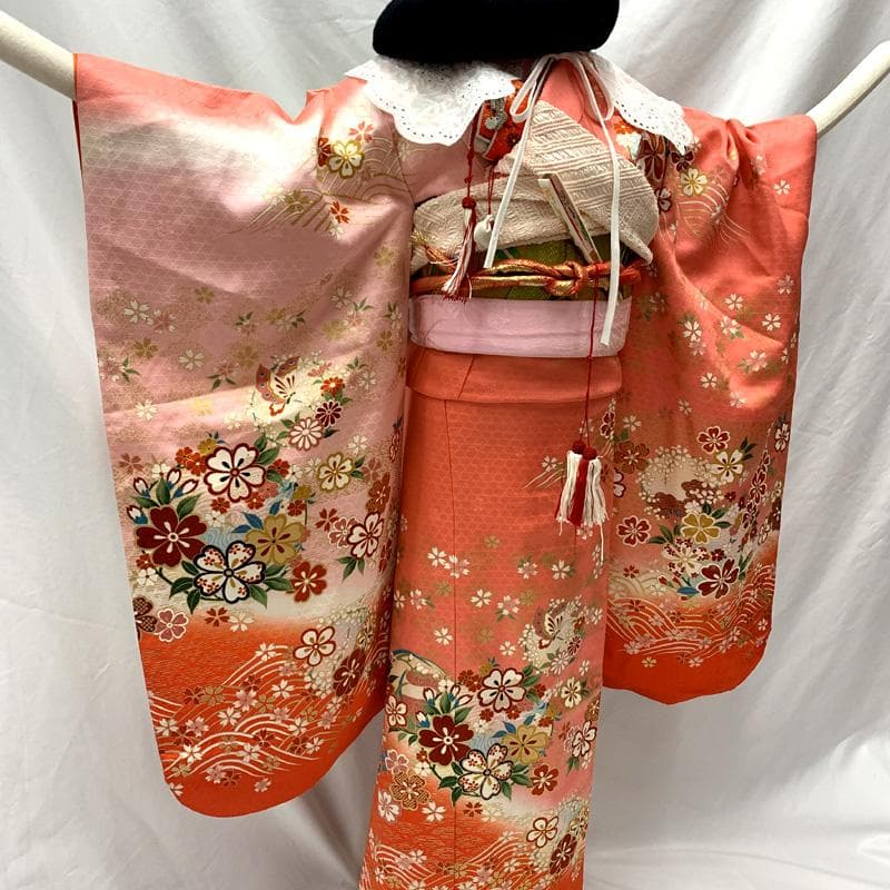 505ag62□七五三 七歳 女児 着物&袋帯 金彩 桜 ピンク□美品