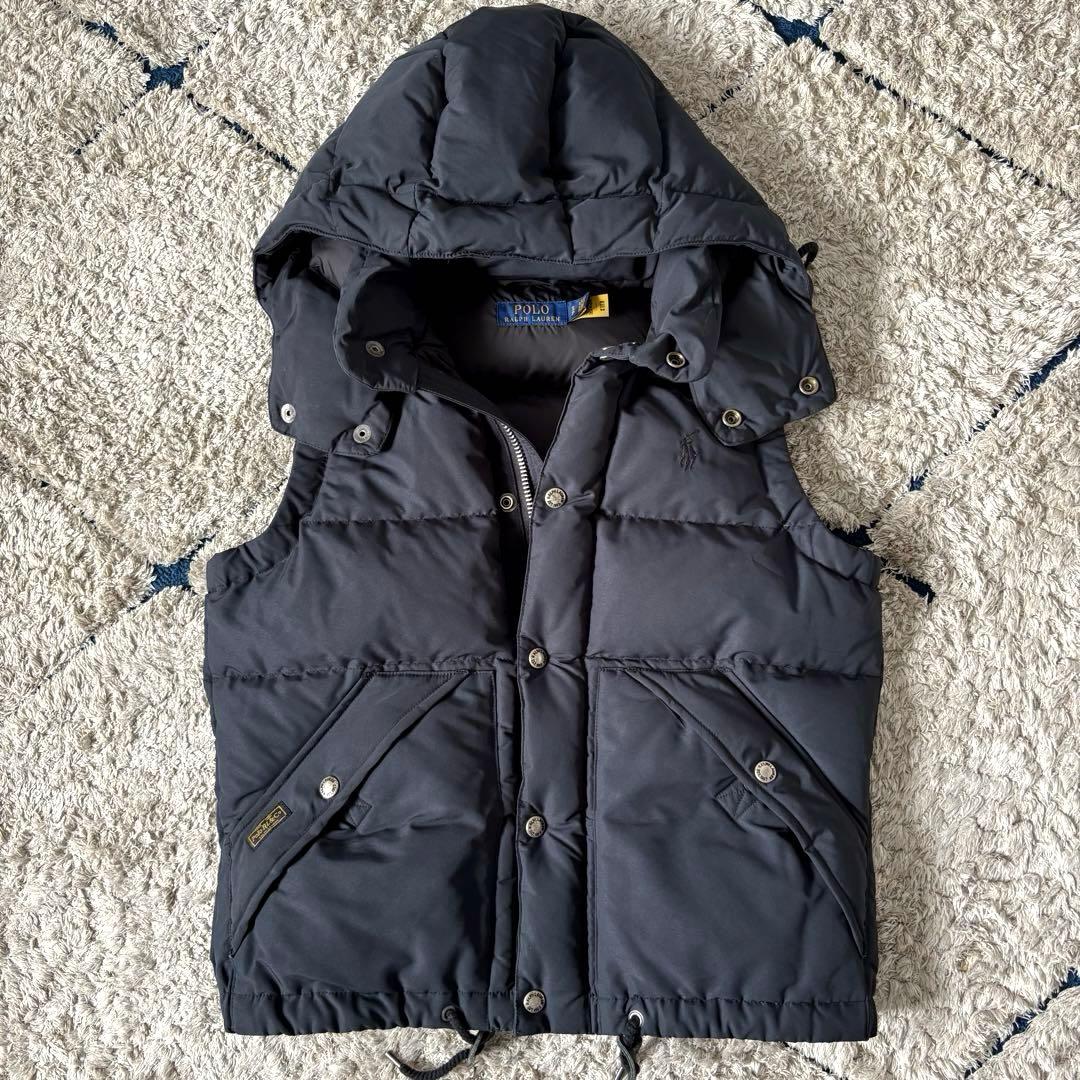 【美品✨】ポロラルフローレン　ダウンベスト　フード　レザー　ポニー刺繍　ブラック